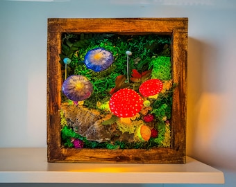 Glowing Mushroom Moss Wall Art, Crystals, Mushroom Cottage Lamp, Rustic Wood Frame