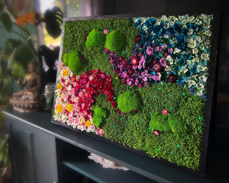 Handmade Large Preserved Moss wall Art With Led Light and Flowers: Colourful Moss Biophilic Decor image 18