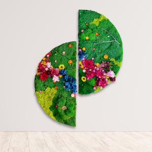 Preserved Moss Wall Art with Colorful Lichen and Dried Flowers, Unique Moss Wall Panel Circle Frame for Home & Office Rainbow Decor,