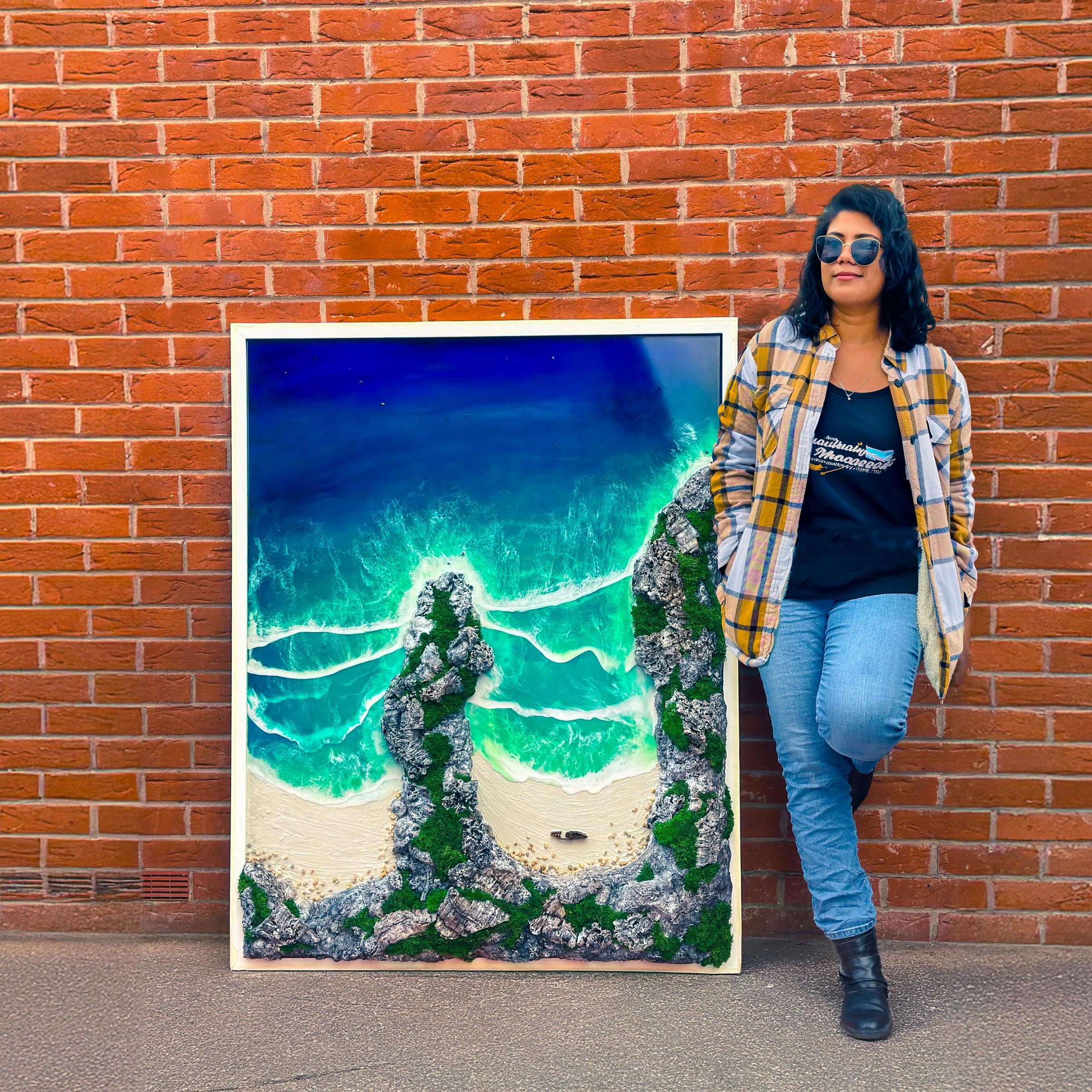Handmade Resin Ocean Art, Large 3D Moss Wall Art Frame, Coastal