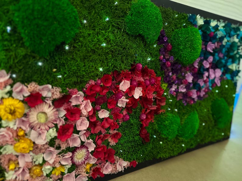 Wall Art Preserved Moss Lighted Moss Wall, a beautiful artwork adorned with LED lights. This rainbow Moss Wall Art is the perfect addition to your living room or office decor, Handmade with love, this unique triptych art piece is a thoughtful gift.