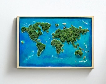 Preserved Moss World Map Wall Art: Rustic Greenery Decor with Moss and resin