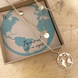 Gold “Travel With No Regrets” Layered Stacking World Pendant.