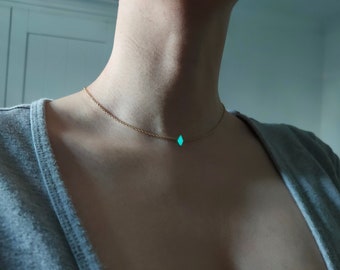 Elune Tiny Stat Diamond Necklace - Turquoise Glow Crystal- Available in Sterling Silver and Gold - All Blue