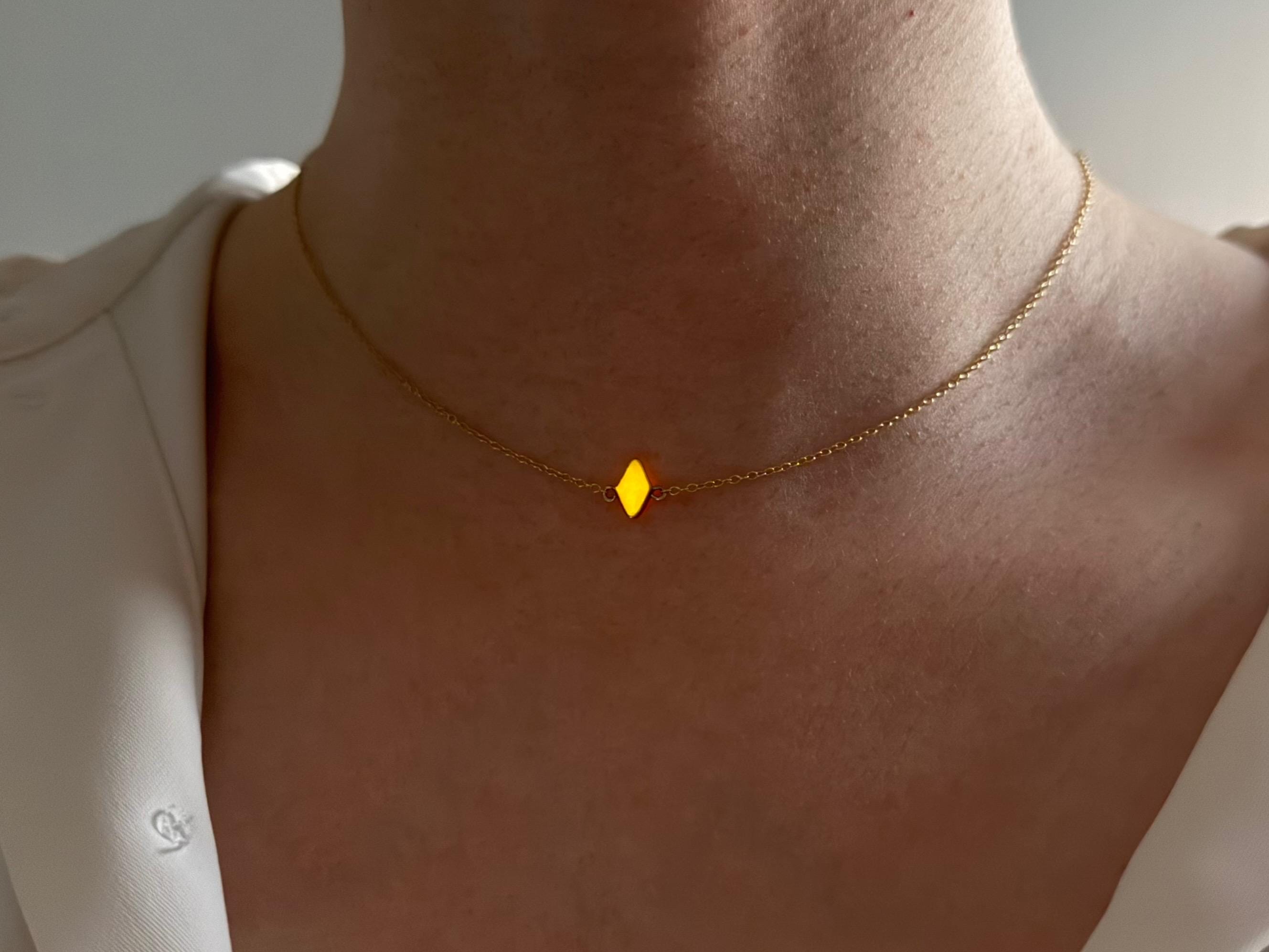 The Solaris Tiny Cradled Stat Diamond Necklace - Gentle Orange-to-Yellow Glow Crystal- Available in Solid Gold and Sterling Silver Options