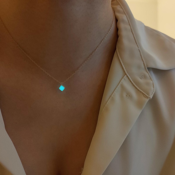 Elune's Tiny Diamond Necklace - Turquoise Glow Crystal- 9ct Gold All Blue