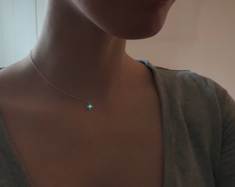 Elune&#39;s Guide-ketting - unieke turquoise achtpuntige gloedketting - sterlingzilver 925 - helemaal blauw