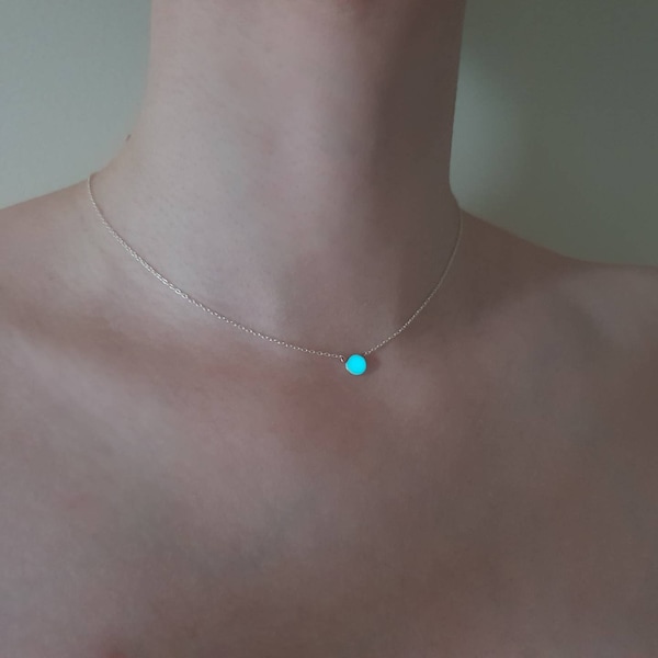 Elune Adorean Necklace -Rose Gold Charm with Aquamarine-Blue Glow-in-the-dark (and dim daylight) Necklace -Sterling Silver Chain