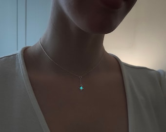 Elune's Cradled Guide Necklace - Unique Turquoise Eight Pointed Star Glow Necklace - Sterling Silver 925