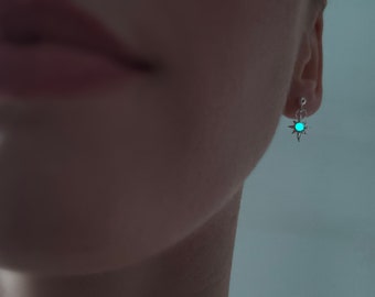 Elune's Guided Drop Earrings - Unique Turquoise Eight Pointed Star Glow Earrings - Options for Solid 9ct Gold or Sterling Silver 925