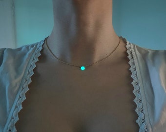 Golden Elune Amara Necklace - Available in Solid 9ct Gold or Gold Fill - Turquoise Glow Crystal with Recycled 9ct Gold Housing - All Blue