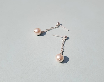 Glass Pearl Drop Earrings - Simple Dangle Earrings - Chain and Pearl Earrings - Elegant Basic Earrings