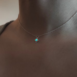 Elune's Guide Necklace - Unique Turquoise Eight Pointed Star Glow Necklace - Sterling Silver 925 - All Blue