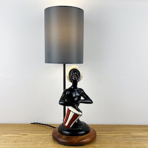 May include: A decorative table lamp featuring a black figurine playing a drum with red and white stripes. The lamp has a gray lampshade and sits on a wooden base. The figurine is wearing a white hat.