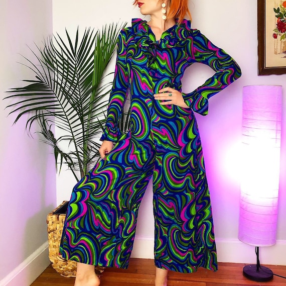 1970s Psychedelic Palazzo Pant Ruffle Jumpsuit | S