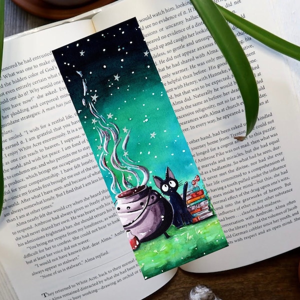 Bookmark | Watercolour Black Cat & Cauldron | Unique gift for book or nature lover