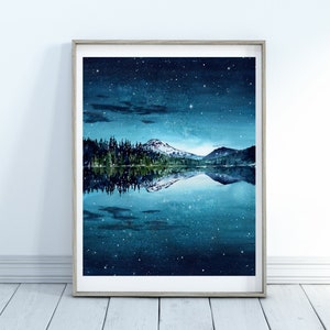 Starlight | Watercolour Art Print | Blue Marine Westcoast Lake Starscape Nightsky