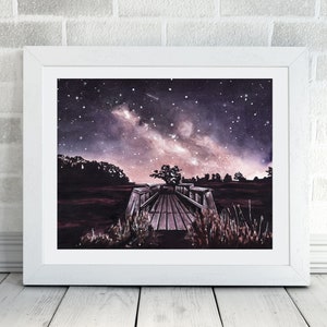 Watercolour Art Print | Night Sky Forest & Bridge | Milky Way Galaxy stars nature lover gift