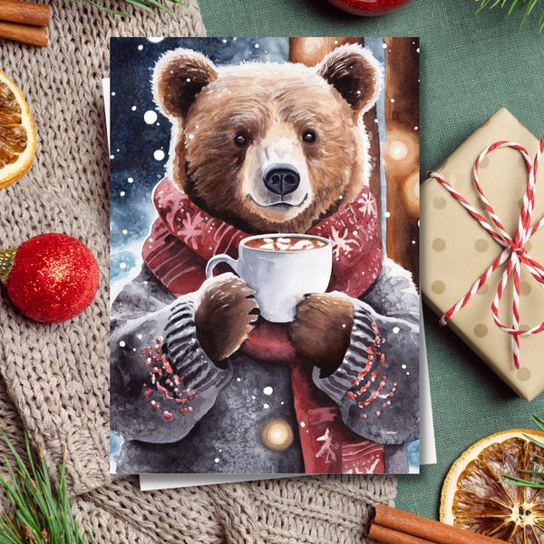 Hot Chocolate Grizz Christmas Card Set, Holiday Cards Pack (Choose your pack size & Images - Customizable) | Watercolour Art
