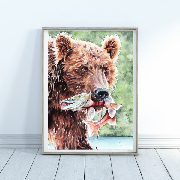 Impression d'Art aquarelle Grizzly Bear & Salmon | Art de la côte nord-ouest | Cadeau unique pour les amoureux de la pêche nature