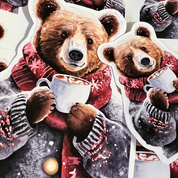 Cozy Hot Chocolate & Grizz Christmas Watercolour Stickers |  2 sizes