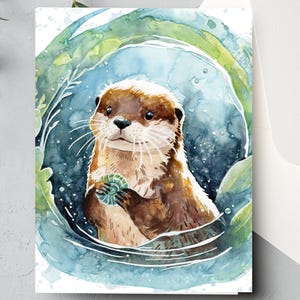 Tarjeta de felicitación de nutria (elige el tamaño de tu paquete y las imágenes - Personalizable) / Arte de acuarela