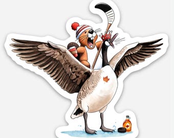 Puede incluir: Una ilustración de dibujos animados de un castor con un gorro rojo y blanco montando una oca canadiense que lleva una corona. El ganso sostiene un palo de hockey y el castor sostiene una taza de café. Hay una botella de jarabe de arce y un disco de hockey sobre el hielo.