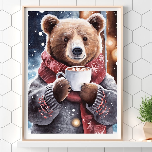 Cozy Hot Chocolate & Grizz | Watercolour art Print