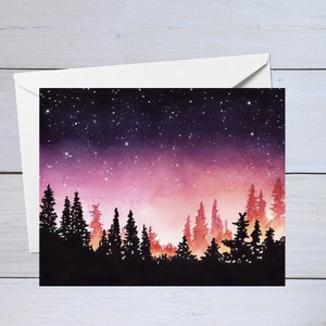 Carte de voeux de ciel nocturne et de forêt | Aquarelle | Pack de cartes de vœux assorties