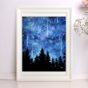 Blue Starry Night Sky| Watercolour art Print | Galaxy, forest, beautiful night sky, space | West coast  | Unique gift for nature lover