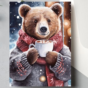 Conjunto de tarjetas de Navidad Hot Chocolate Grizz, paquete de tarjetas navideñas Elija el tamaño de su paquete e imágenes Personalizable / Arte de acuarela imagen 2