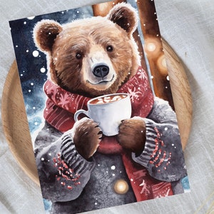 Conjunto de tarjetas de Navidad Hot Chocolate Grizz, paquete de tarjetas navideñas Elija el tamaño de su paquete e imágenes Personalizable / Arte de acuarela imagen 3