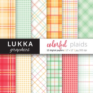 Bunte Plaids Digitalpapierpack; Digitale Muster; Kontrollmuster, Plaid-Muster, gingham-Muster; Gelb, orange, rot, grün