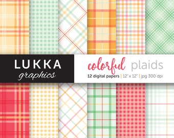 Colorful plaids digital paper pack; digital patterns; check pattern, plaid pattern, gingham pattern; yellow, orange, red, green