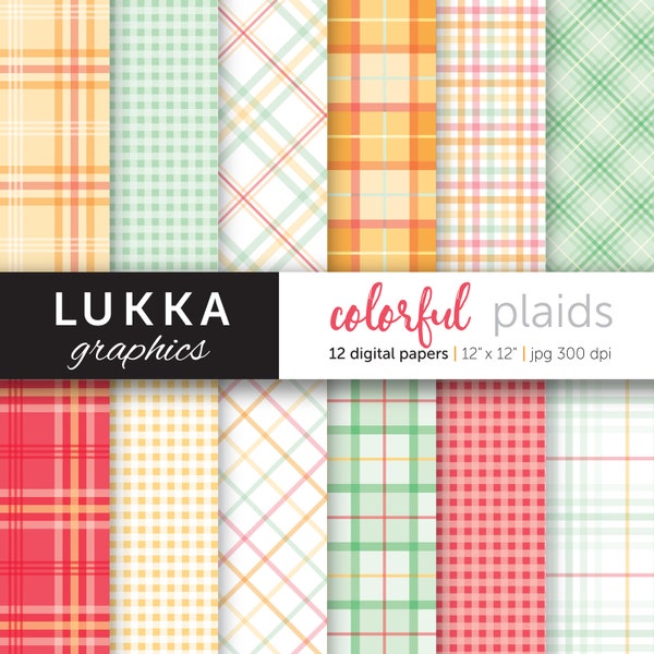 Colorful plaids digital paper pack; digital patterns; check pattern, plaid pattern, gingham pattern; yellow, orange, red, green