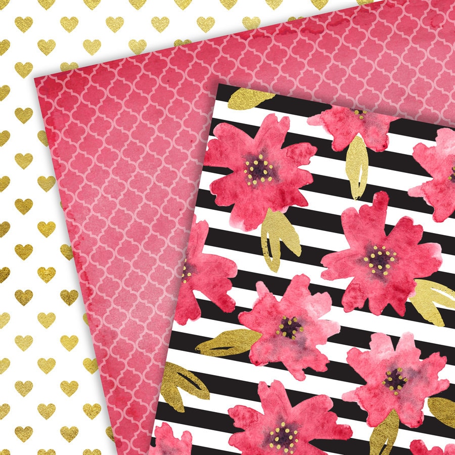 Pink and Gold Digital Paper Pack Digital Patterns Watercolor Flowers ...