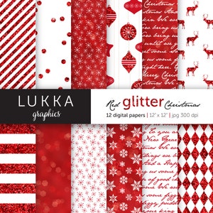 Confezione di carta digitale di Natale Glitter rosso; modello natalizio; sfondo stagionale; rosso e bianco