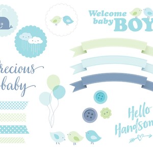 Clipart digital de bebê menino; elementos do diário do bebê; balões, pássaros, botões, banners; turquesa, azul, verde pastel