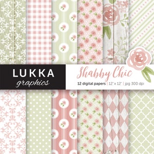 Shabby Chic digital paper pack; Floral digital patterns; rose pattern; Pink and green; Instant download
