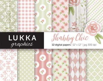 Shabby Chic digital paper pack; Floral digital patterns; rose pattern; Pink and green; Instant download