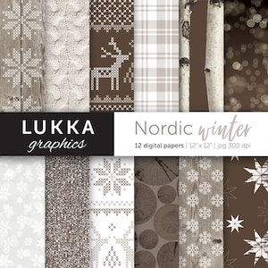 Nordischer Winter digitales Papierpaket; Skandinavisches Weihnachtsmuster; jahreszeitlicher Hintergrund; neutrale Farben; Schneeflocken, Baumstämme, Birke, Kabelstrick
