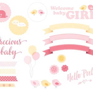 Clipart digital de menina; elementos do diário do bebê; balões, pássaros, botões, banners; rosa e amarelo