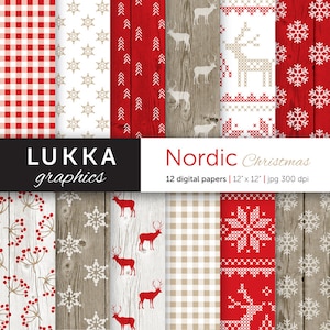 Pacchetto di carta digitale natalizio nordico; Motivo natalizio scandinavo; contesto stagionale; rosso, bianco e beige; struttura del legno