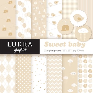 Geschlechtsneutrale Baby digitalpapier Pack; digitale Muster; Wale, Vögel, Kawaii Wolken, Ballons; beige und weiß