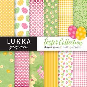 Ostern digitales Papier Pack; Ostern digitale Muster; Ostereier, Küken, Hasen, Gänseblümchenmuster, Vichykaro, Tupfen; rosa, gelb, grün