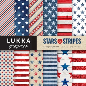 Pack papier numérique Stars and Stripes; Modèles patriotiques; 4 juillet imprimable; rouge, bleu, blanc; texture du bois, aquarelle, paillettes