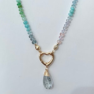 Spring aquamarine gemstone necklace, multi gemstones, silk knotted, bright spring colors, aaa luxe gems, measures 18.5”, gold filled.