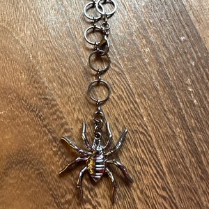 Op de afbeelding: Een zilveren ketting met een zilveren spin-hanger. De ketting is gemaakt van in elkaar grijpende cirkels.