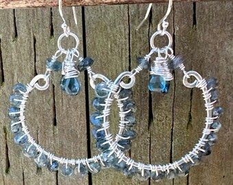 London Blue Topaz Sterling Silver Hoop Earrings: Wire Wrapped Gemstone Jewelry