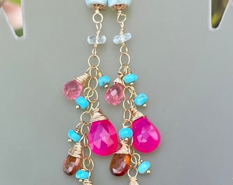 14k Gold Filled Gemstone Cluster Earrings: Boho Summer Jewelry